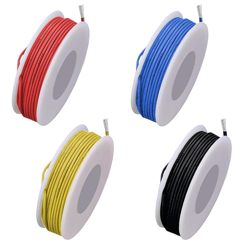 26 Gauge Solid Wire 300V PVC Electrical Wire 26AWG Insulation Tinned Coated Copper Wire Hook Up Wire 4Colors(Red/Yellow/Blue/Black) 5m/16.4ft Each