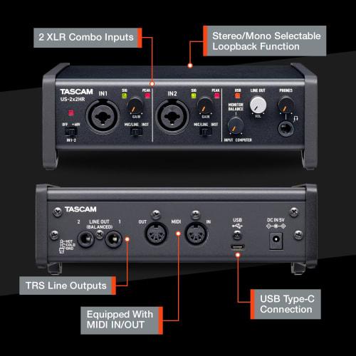 TASCAM US-2X2HR 2-Mic, 2-In/2-Out 24-bit/192kHz High-Resolution USB Audio/MIDI Interface for YouTube, Music Production, Live Streaming, and DTM