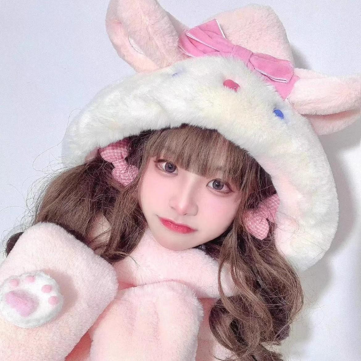

2025 winter sweet girl cute cat three-piece set fleece thickened hat scarf gloves integrated One size fits all рожевий
