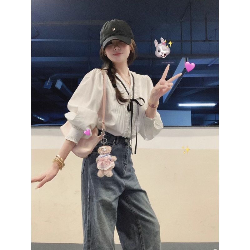 Kumikumi Sweet Style White Lace-up Temperament Age-Reducing Long sleeve Shirts Women Autumn Slimming Versatile Chic Top