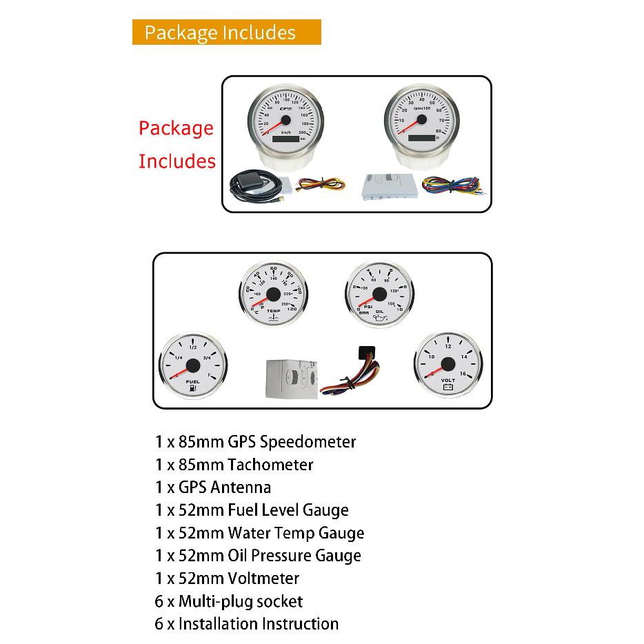 ELING 6 Gauge Set 85mm 200km/h 160MPH GPS Speedometer Tachometer 52mm 0-120℃ Water Temp Oil Pressure Fuel Level Voltmeter 12V