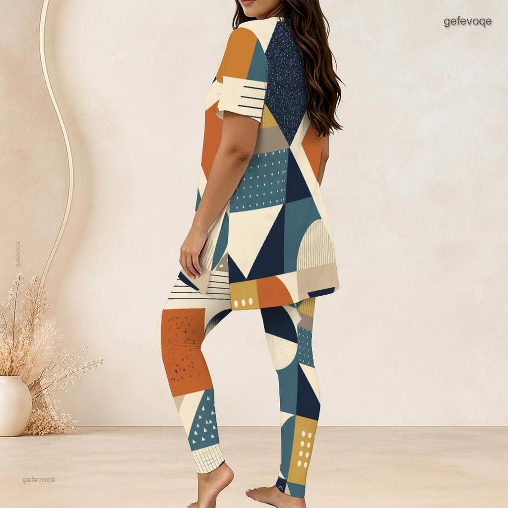Women Plus Size Geometric Printed Round Neck Short Sleeve Long Top Fitted Pants Two Piece Set