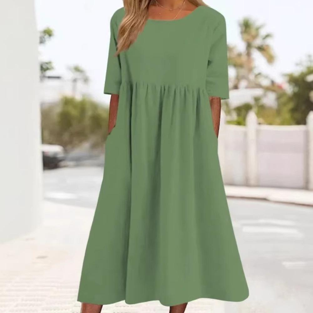 Summer Cotton and Linen Casual Short-sleeved Pleated Loose Round-neck Women's Dress