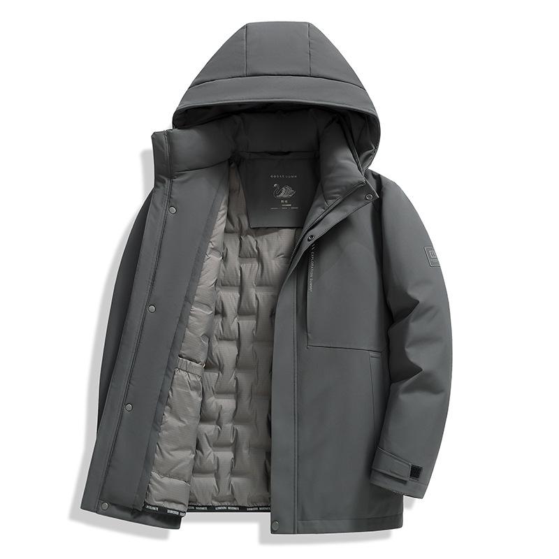 Herren Mittellange Kapuzenjacke aus Gänsedaunen - Neuer Stil, Verdickt, Abnehmbar, Warme Winter Business Casual Oberbekleidung