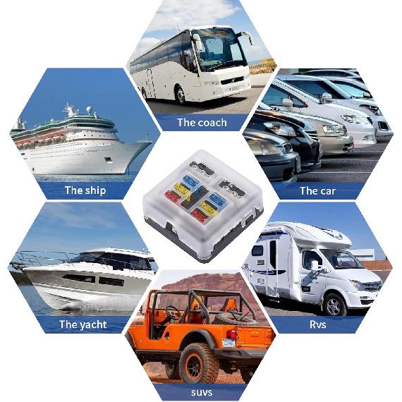 6 Way 12V Fuse Box Blade with LED Indicator Damp-Proof Cover - Individual Positive Fuse Holder with Ground Bus Holder for 12V/24V Vehicle Car Boat