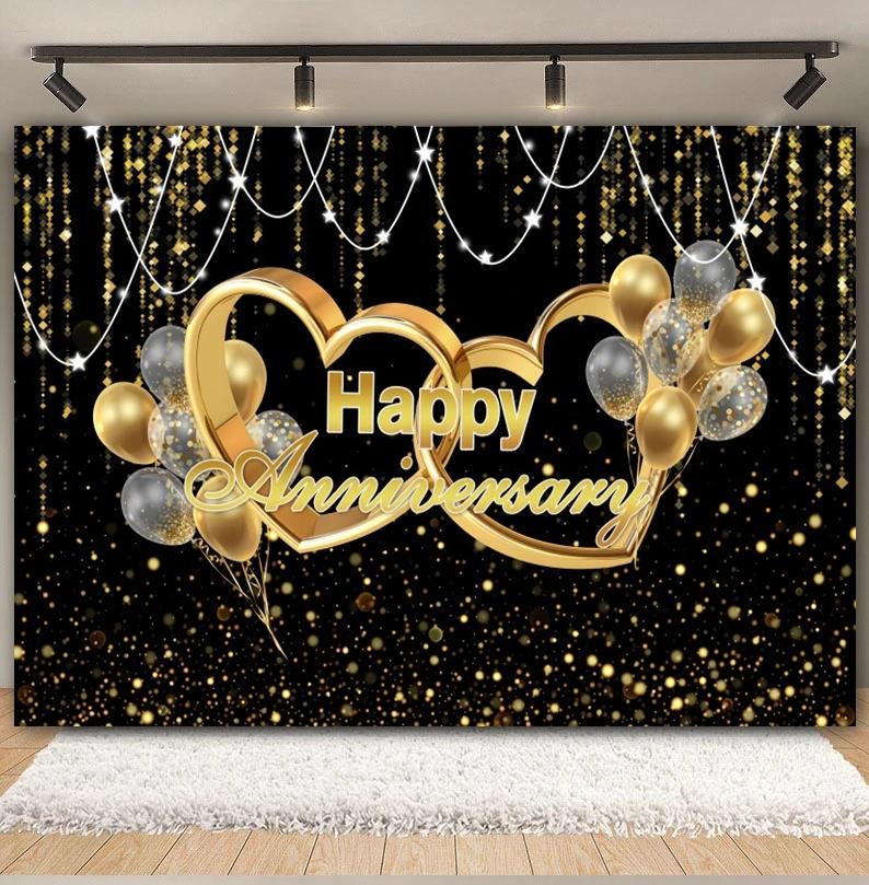 Happy Anniversary Backdrop Gold Balloon Glitter Love Heart Flower Birthday Party Bridal Shower Wedding Photography Background