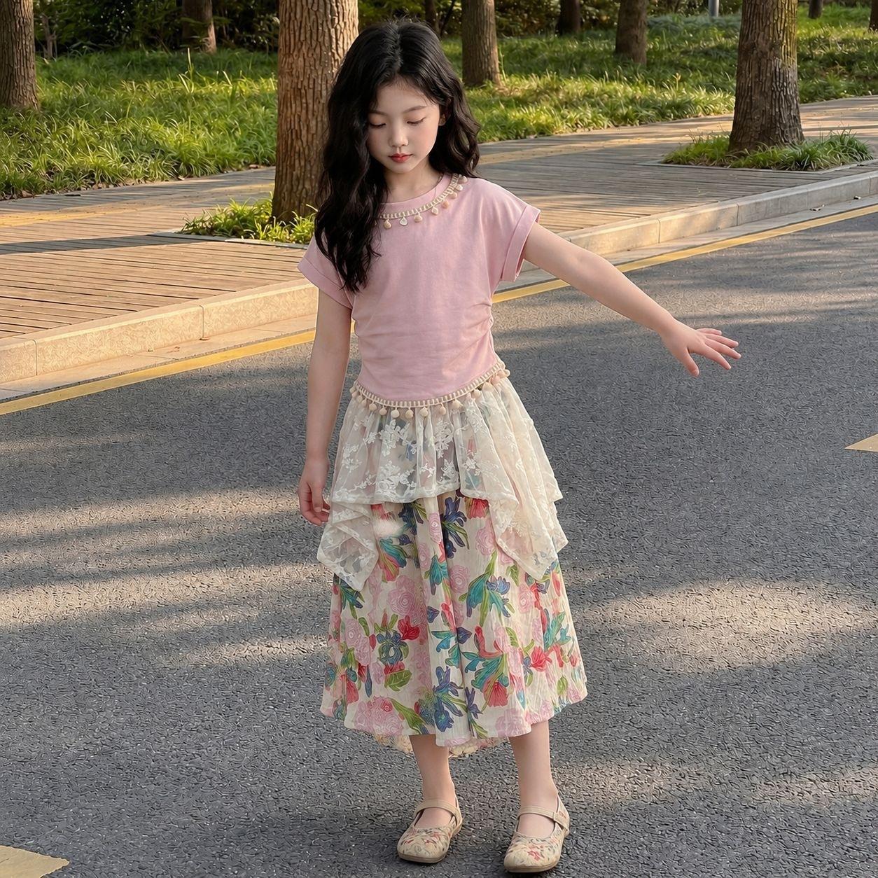 Girls Summer Boho Short Sleeve Top and Floral Skirt Set 120