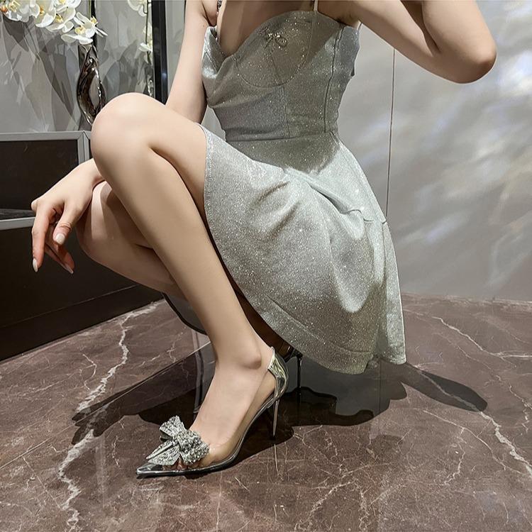 Transparente High Heels Damen Dünne Absätze Sommer Neu Temperament Society Dame Strass Schleife Spitz Einzelschuhe