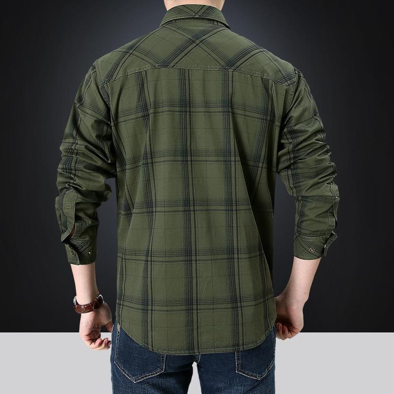Spring Middle-aged and Young Men's Long-sleeved Shirt with Men's Cotton Loose Large Size Daddy's Plaid Multi-bag Military Casual Shirt
