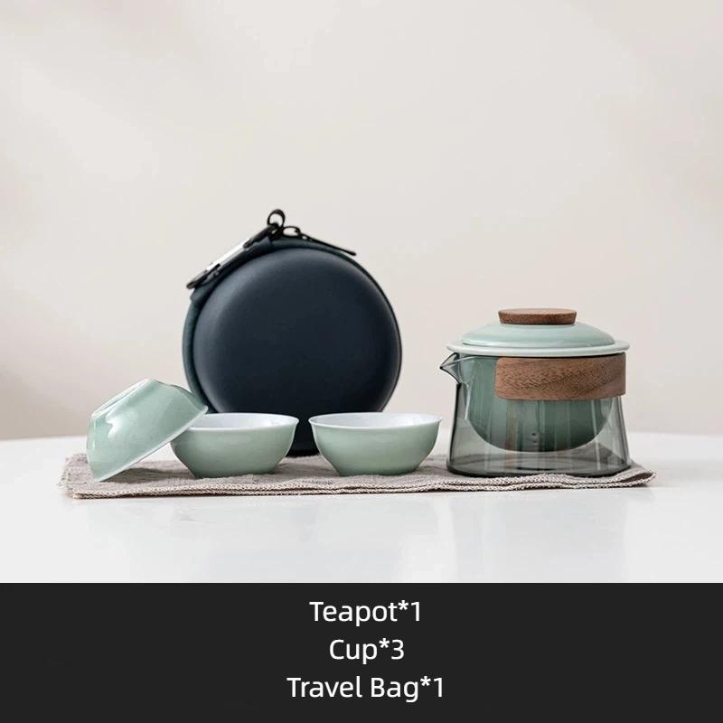 Portable Travel Tea Set with Bag – Ceramic Teapot and 3 Cups for Outdoor Camping & Home Brewing
