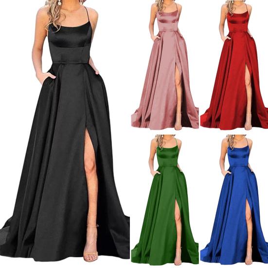 Abito da sera con spalline sottili, spacco alto, spalle scoperte, senza maniche, tasche laterali, a trapezio, lunghezza al pavimento, in raso, colore puro, ballo di fine anno, banchetto, festa, maxi