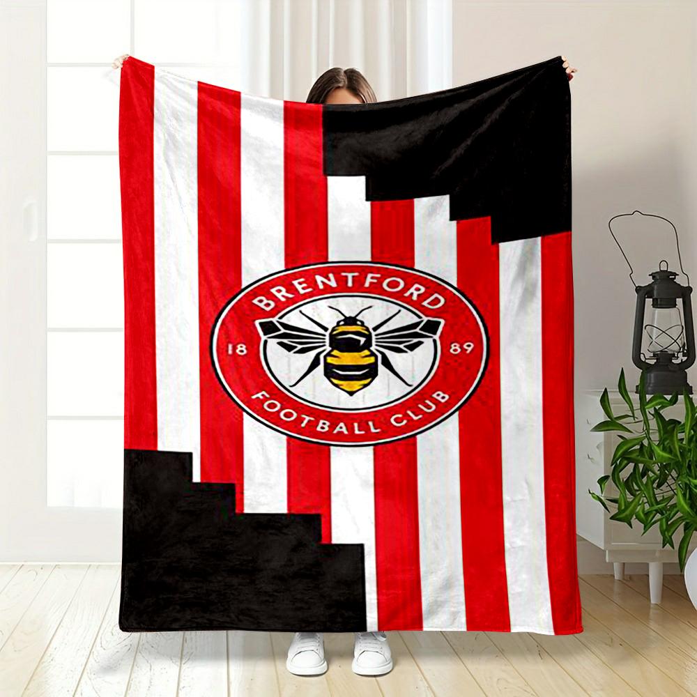 Brentford FC Logo Striped Printed Flannel Blanket for Bedroom, Living Room, Sofa, and Nap