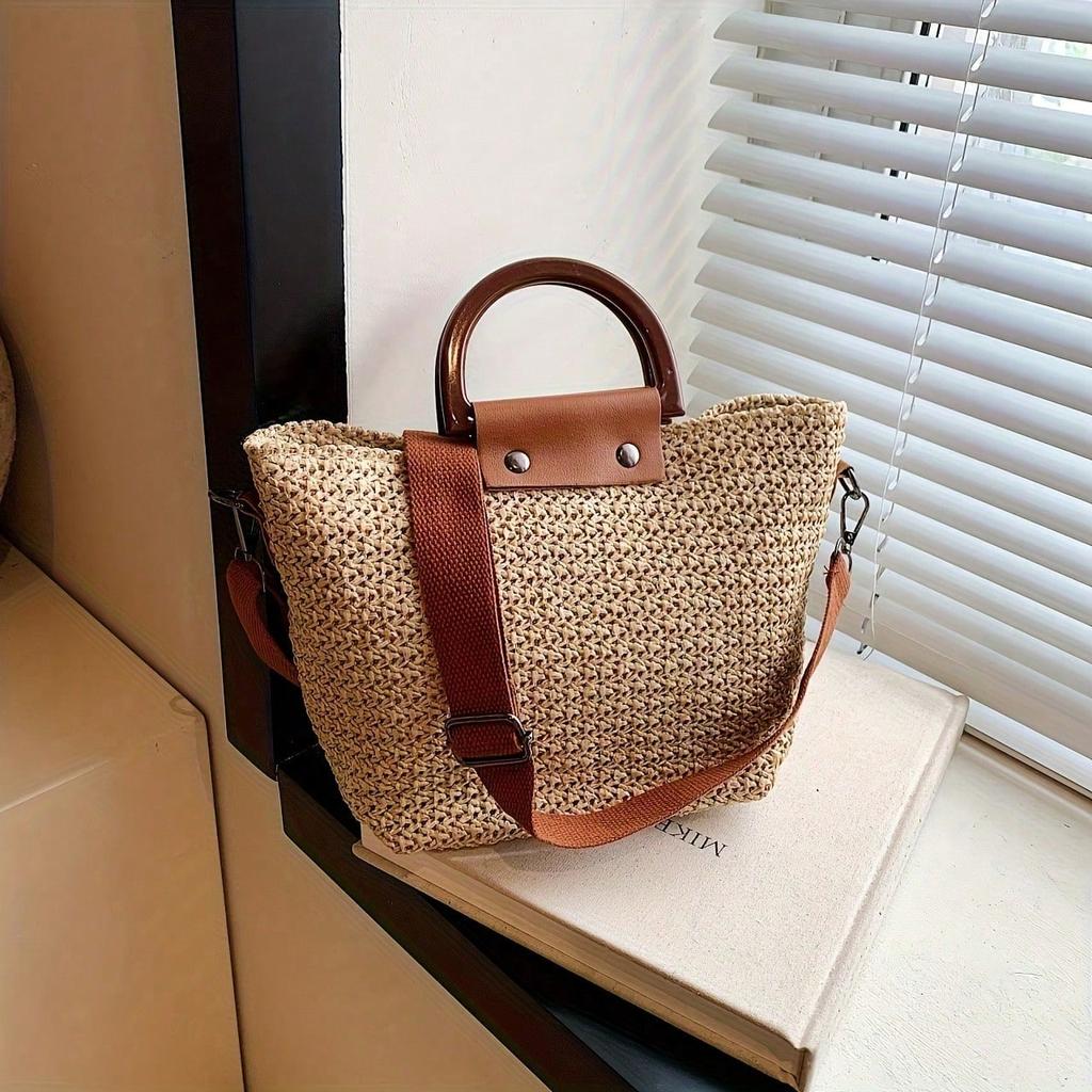 Women'S Shoulder Bag - Compact Rattan-Style Handbag with Fixed Strap, Zip Closure, Travel & Casual Use