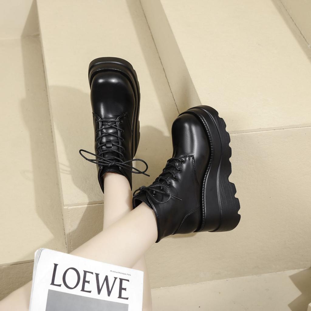 Wedge heel cos heightening shoes muffin sole Martin boots spring and autumn British style short boots women's short boots heightening shoes