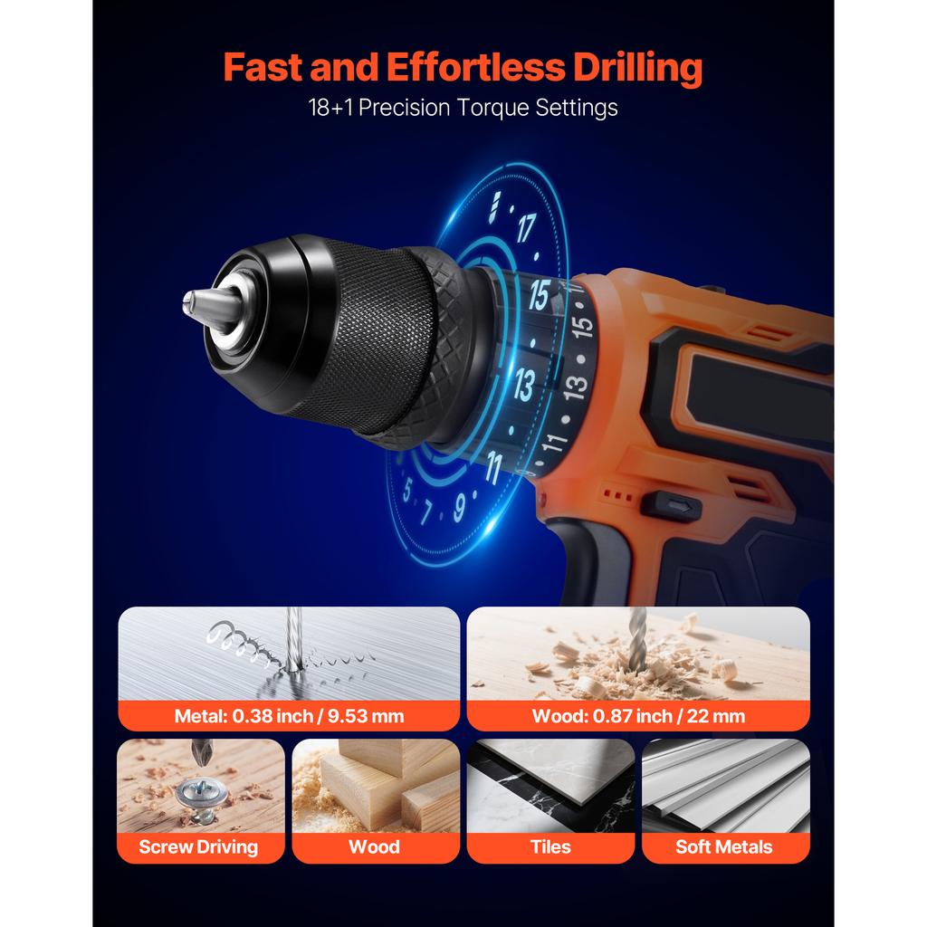 SucceBuy Cordless Drill Driver Metal Chuck Drill Driver Kit with Lithium Batteries and Charger Tool Box for Wood Metal Drilling