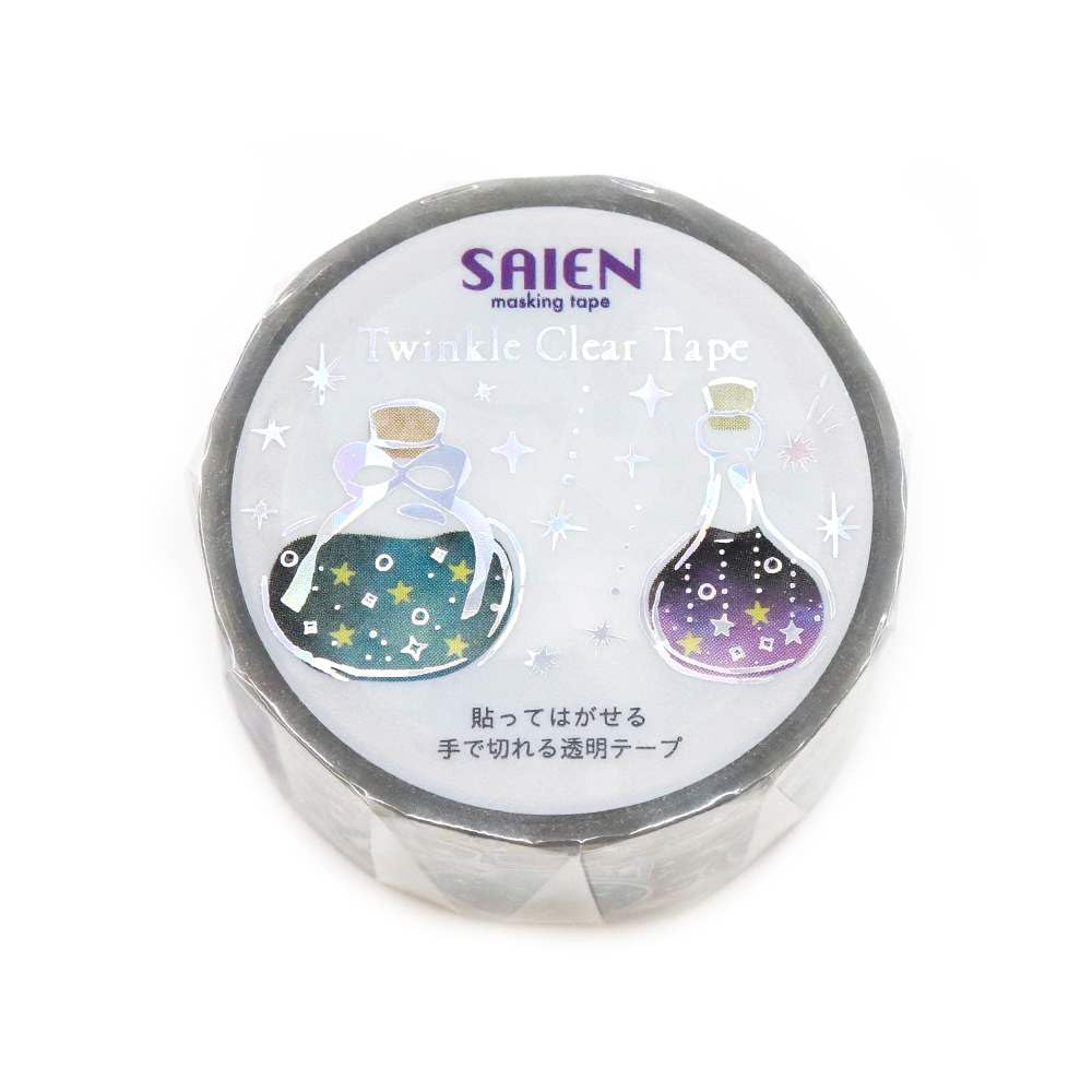 

SAIEN Twinkle Clear Tape Gic Holographic Foil Starry Sky Bottle 20mm Masking Student Cute Holographic Clear [Nostal Time] Design, Wide, Tape,