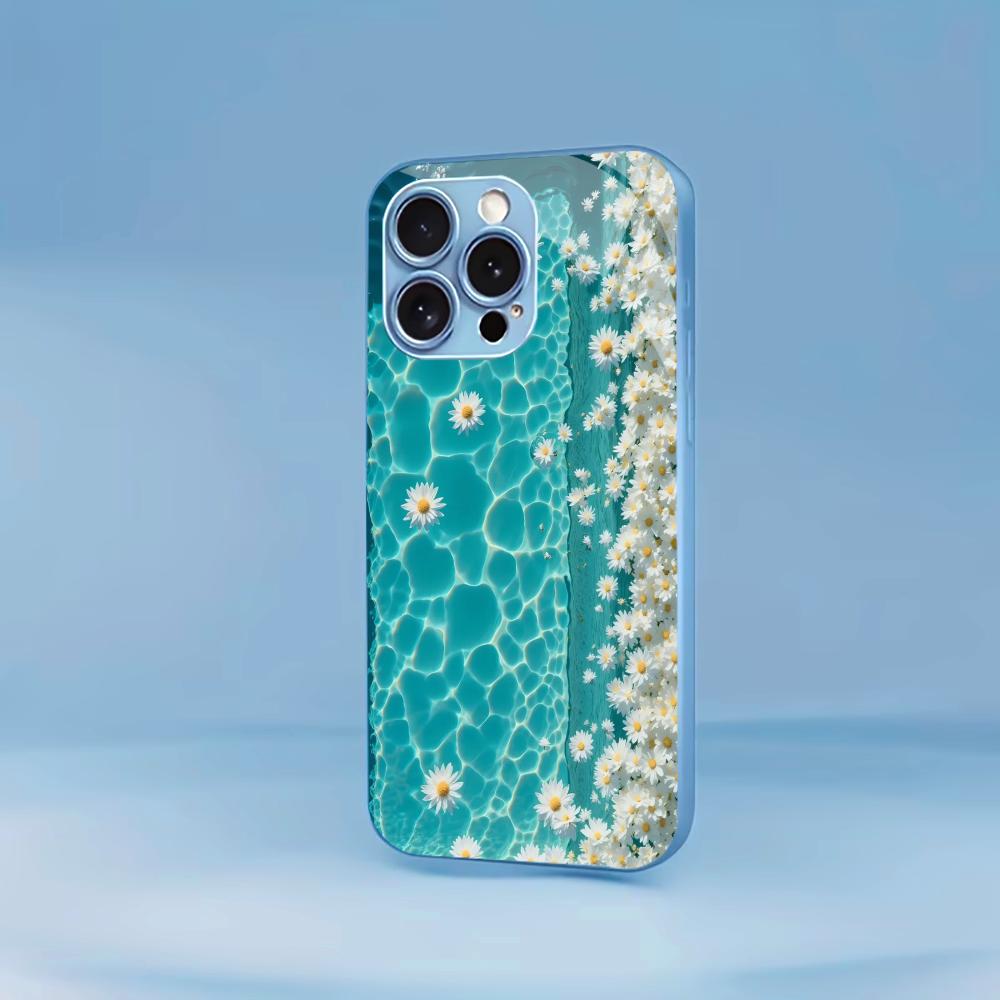 Turquoise Water with White Daisies for iphone 17 case for coque iphone Case fundas Glass for iPhone 17 16 15 14 13 12pm Pro Plus