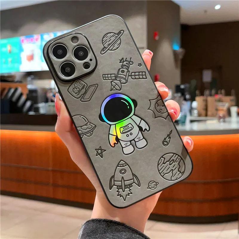 Cartoon Astronaut Handyhülle für iPhone 16 15 14 13 12 11 Pro Max XS X XR 7 8 Plus Retro PU Leder Schutzhülle