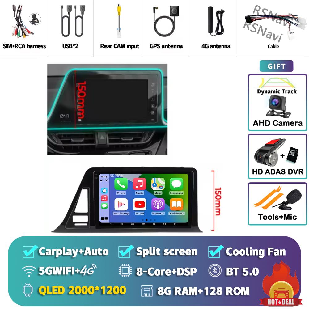 Android 14 Carplay Auto For Toyota C-HR 2016 - 2020 Car Radio Player Multimedia Stereo 360 Camera Navigation Video AI Voice GPS