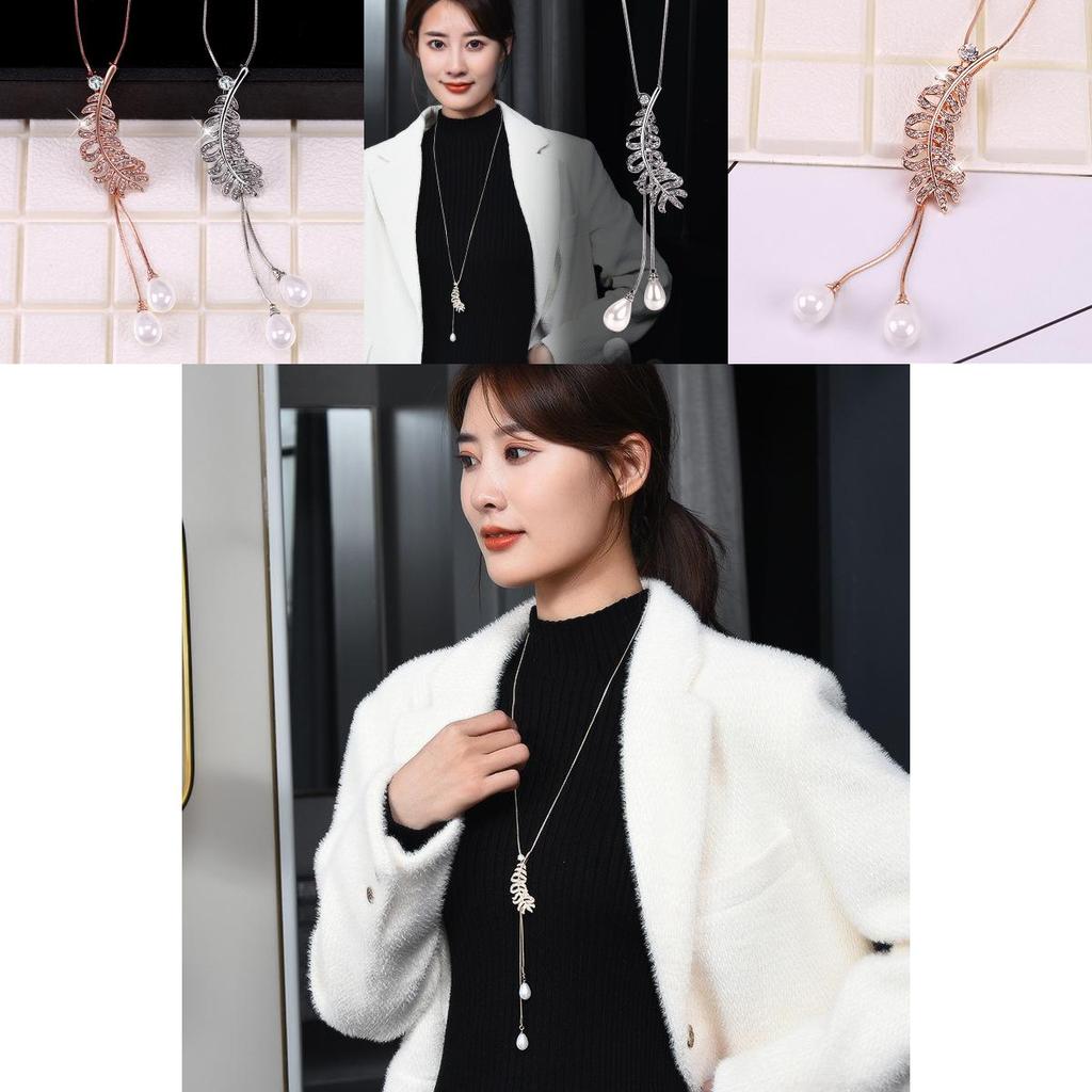 Modische geometrische Titanstahl-Halskette mit einzigartigen Feder- und Perlenakzenten