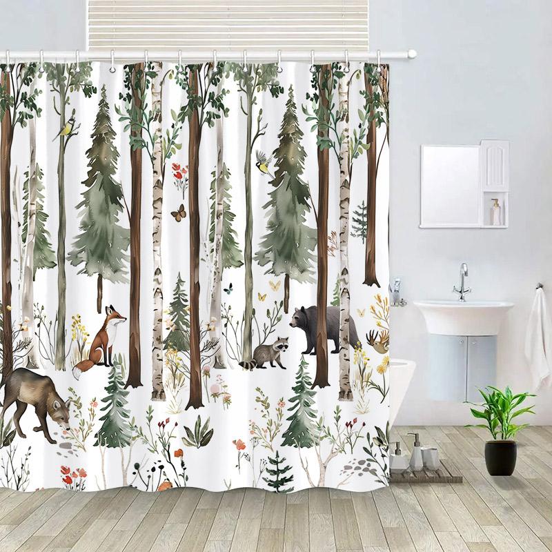 

Winter Forest Animals Shower Curtain Black Bear Fox Deer Squirrel Rabbit Watercolour Art Scenery Bath Curtain Set Bathroom Decor W60H190(CM)-1 Pcs