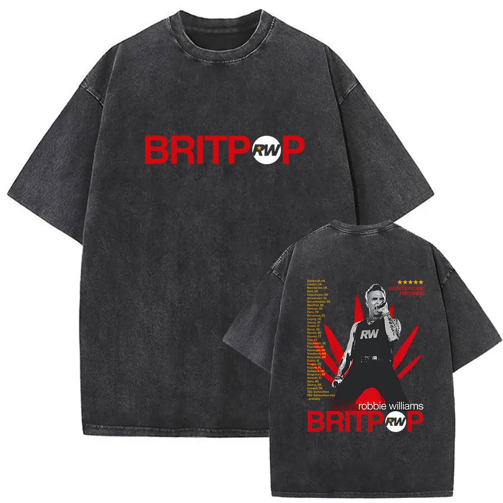 Vintage Washed Robbie Williams BRITPOP Tour 2026 Double Sided T Shirt Men's Women Clothing Fashion High Quality Cotton T-shirts