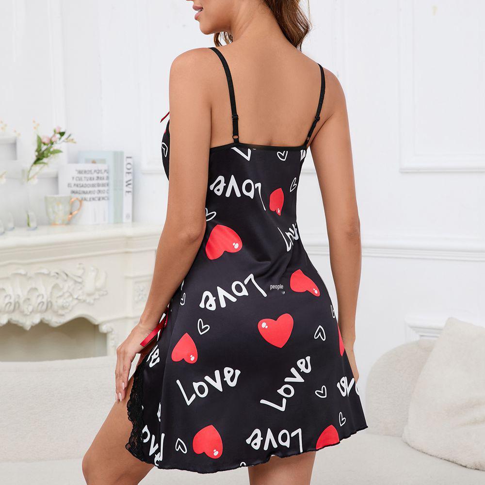 Europejsko-amerykańska damska letnia koszula nocna z dekoltem w serek, bez pleców, z nadrukiem