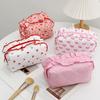 Girls Cosmetic Bag with Ruffles Quilted Cute Pink Bowknot Heart Makeup Bag Soft Cosmetic Pouch Makeup Organizer for Toiletries Brushes