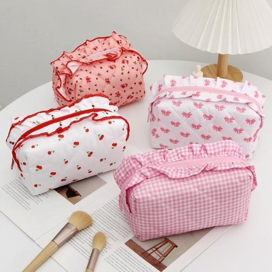 Girls Cosmetic Bag with Ruffles Quilted Cute Pink Bowknot Heart Makeup Bag Soft Cosmetic Pouch Makeup Organizer for Toiletries Brushes