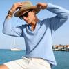 Men Casual Loose V Neck Long Sleeve Linen T Shirt Big Size