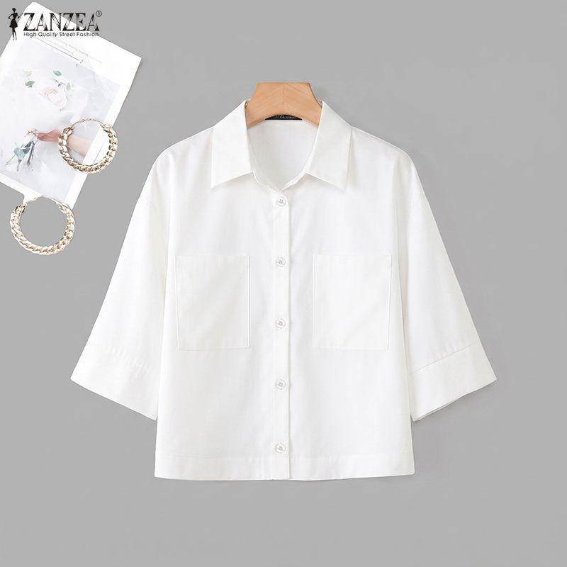 ZANZEA Womens 3/4 Sleeve Lapel Button Down Loose Cropped Shirt Blouse