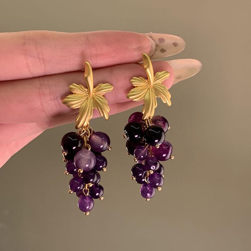 

Винтажные длинные серьги из серебра 925 пробы в виде грозди фиолетового винограда - Новый ретро-дизайн 2025