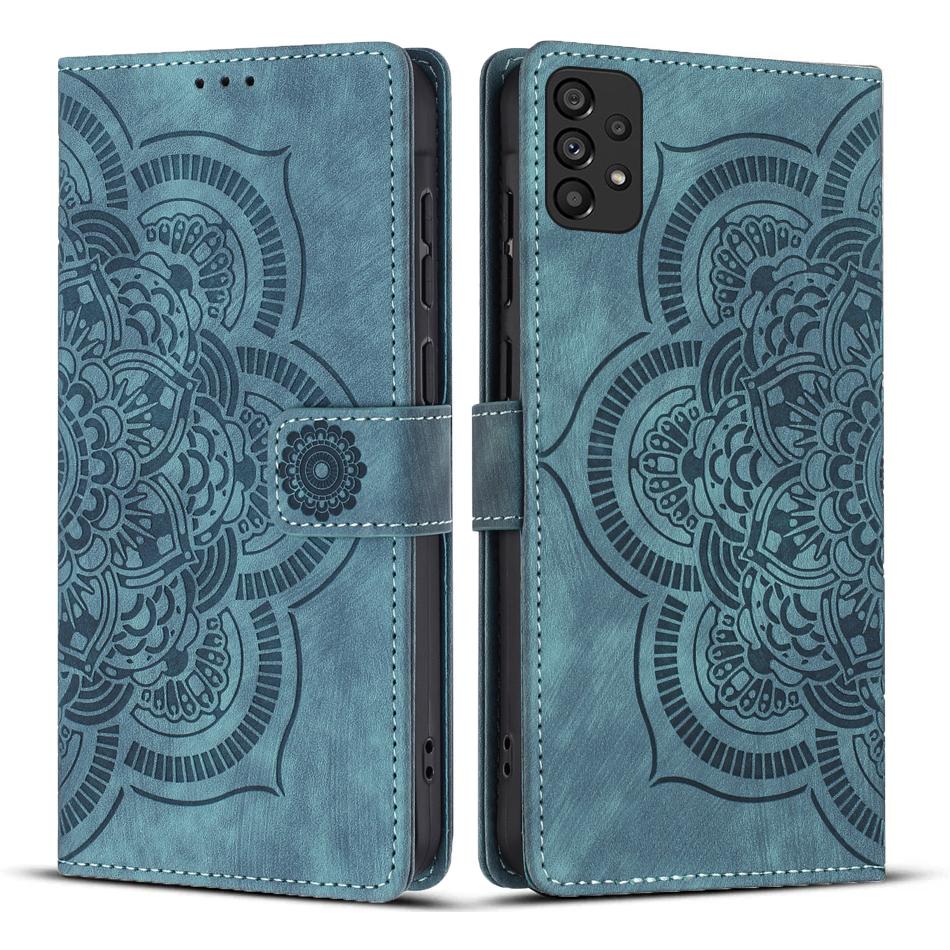 

For Samsung Galaxy A53 5G Leather Case WANLONFENG HDM Series Mandala Imprint Wallet Stand Phone Cover Blue