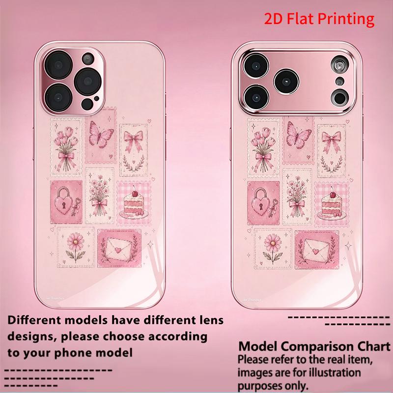 2DFlat electroplated tempered glass phone case,Pink Sticker Collage Phone Case,suitable for iPhone 18 Pro Max 17 16 15 14 13 12 11
