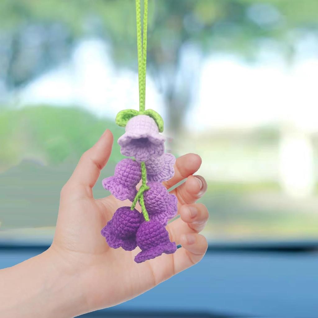 Car Rearview Mirror Hanging Ornament, Crochet Flower Basket Plant Accessory, Handmade Knitted Car Ornament Boho Accessory for Women (Lily of The