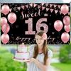 Vicycaty Sweet 16 Birthday Decorations - Backdrop Banner, Happy 16th Party Decor for Girls, Rose Gold Pink Sixteen Yard Sign, Photo Props for Outdoor