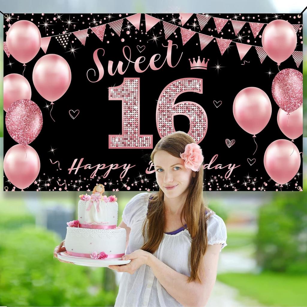 Vicycaty Sweet 16 Birthday Decorations - Backdrop Banner, Happy 16th Party Decor for Girls, Rose Gold Pink Sixteen Yard Sign, Photo Props for Outdoor