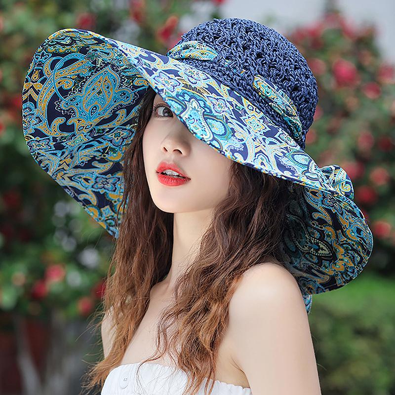 Wide Brim    Design Flower Big Beach Hat Foldable Brimmed Sun Hat Summer Hats For Women Uv Protection Fisherman Cap