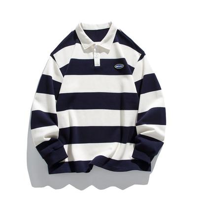 Yeni Sonbahar Erkek Yeni Bol Çizgili Çift Boncuklu Yer Pamuklu Sweatshirt Yaka Uzun Kollu POLO Gömlek