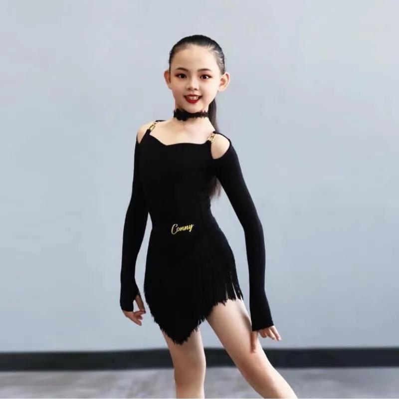 Kids Girls Latin Dance Uniform Long Sleeve Mesh Competition Dress Grading Split Suit Women Ballroom Dancewear Costumes