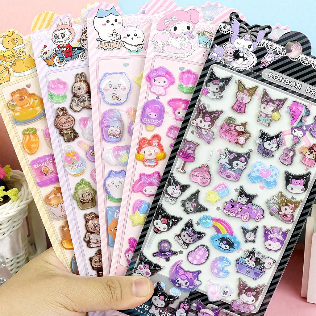 4 Pcs Mix Sanrio Cartoon Stickes Capybara Kuromi 3D Stereo Crystal Sticker Handbook DIY Material Sticker