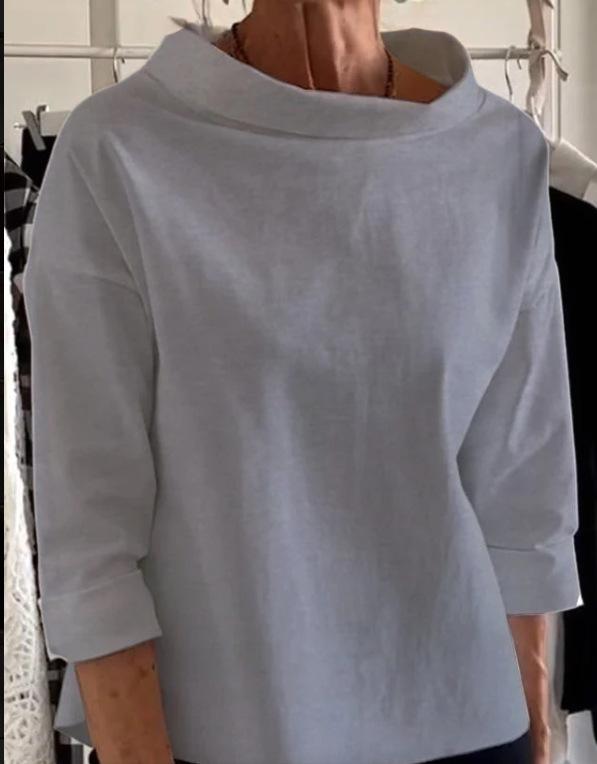 

White Oversized Lapel Collar Three-Quarter Sleeve Blouse S сірий колір