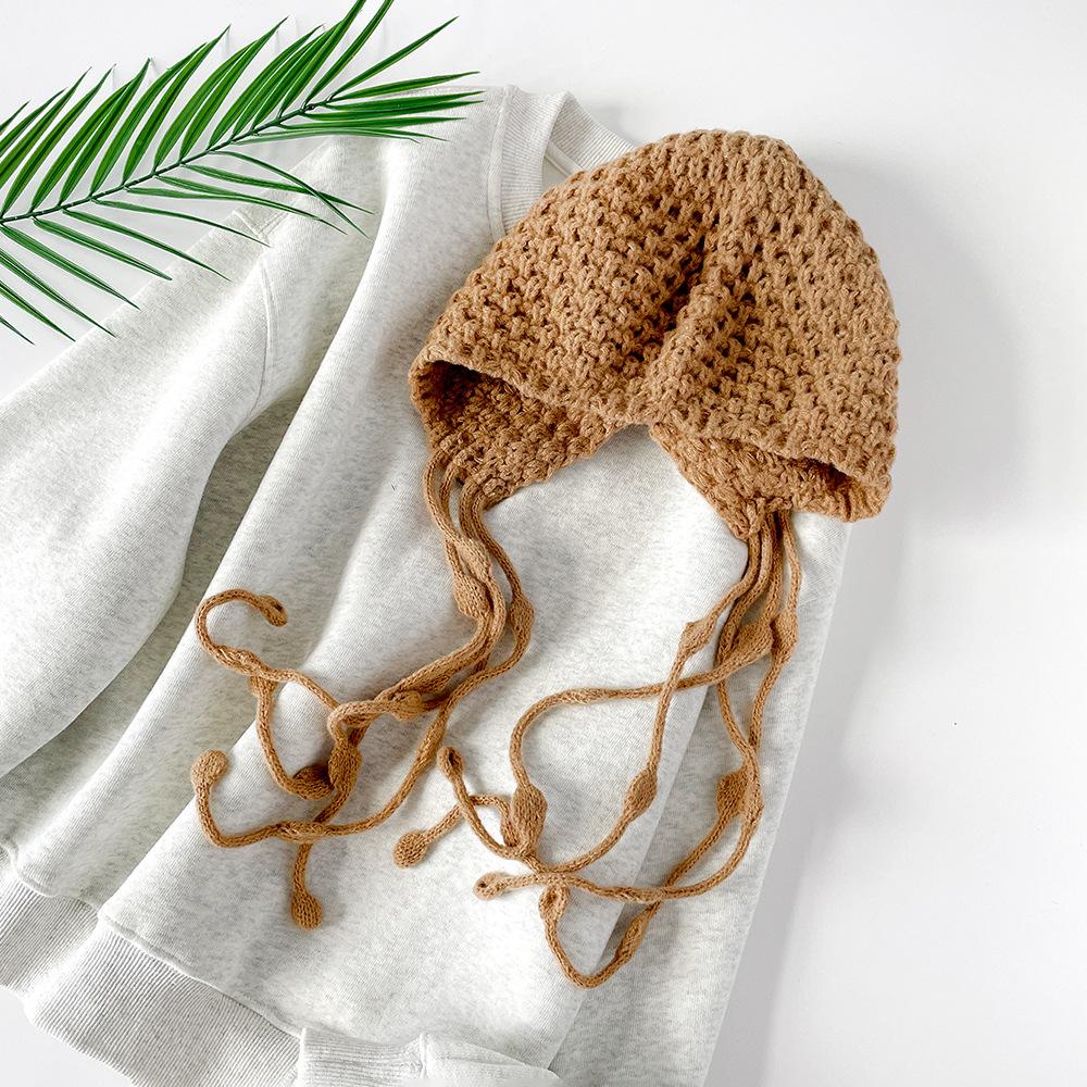 Sweet hollow knitted bag head hat autumn and winter travel photo single product fringed strap red knitted wool hat women