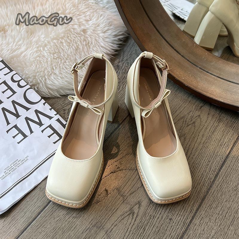 Fashion PU Leather Square Toe Women Mary Jane Shoes Ladies Elegant Outdoor Butterfly-knot Pumps Spring Autumn Women's Zapatos De Mujer