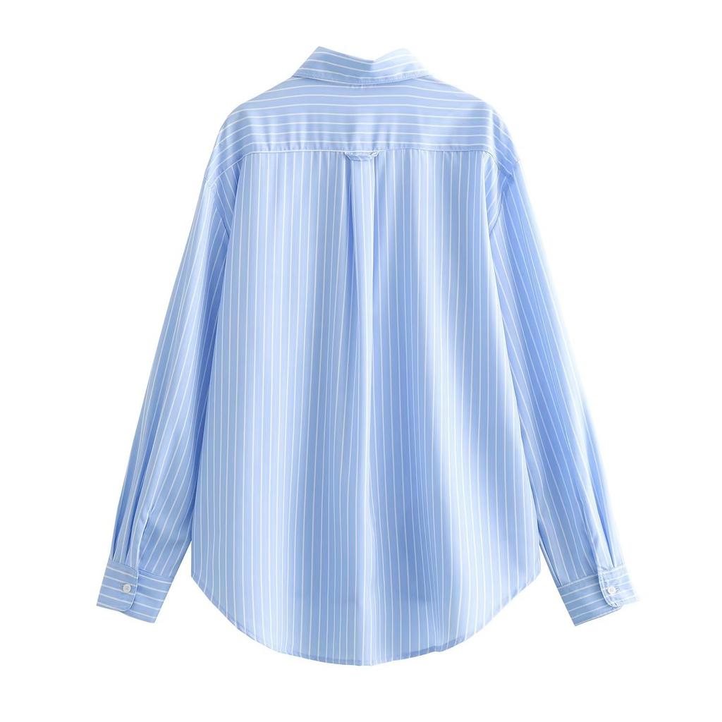 Z home 1116 wholesale autumn new European and American style striped pocket decoration loose poplin shirt 8717611