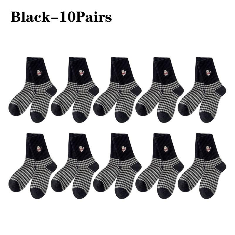 Damen Vintage KarosockenCartoon Katze BaumwolleMittelwade Lange Socken Grau Schwarz Weiß Frühling Herbst Freizeitsocken Damen Lange Socken