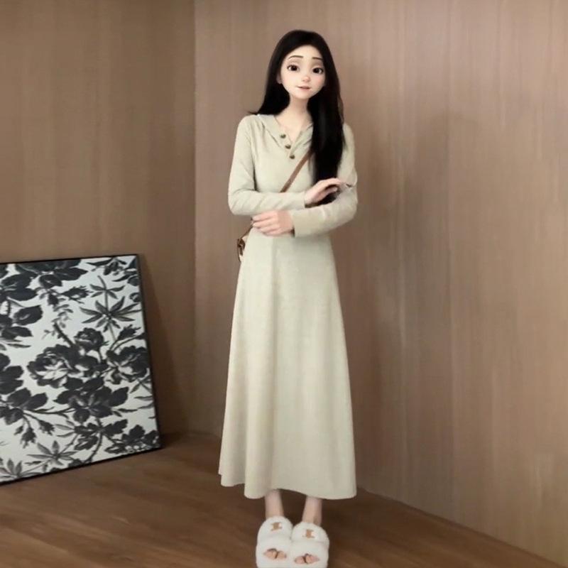 French long-sleeved hooded dress early autumn new women's small knitted inner long dress