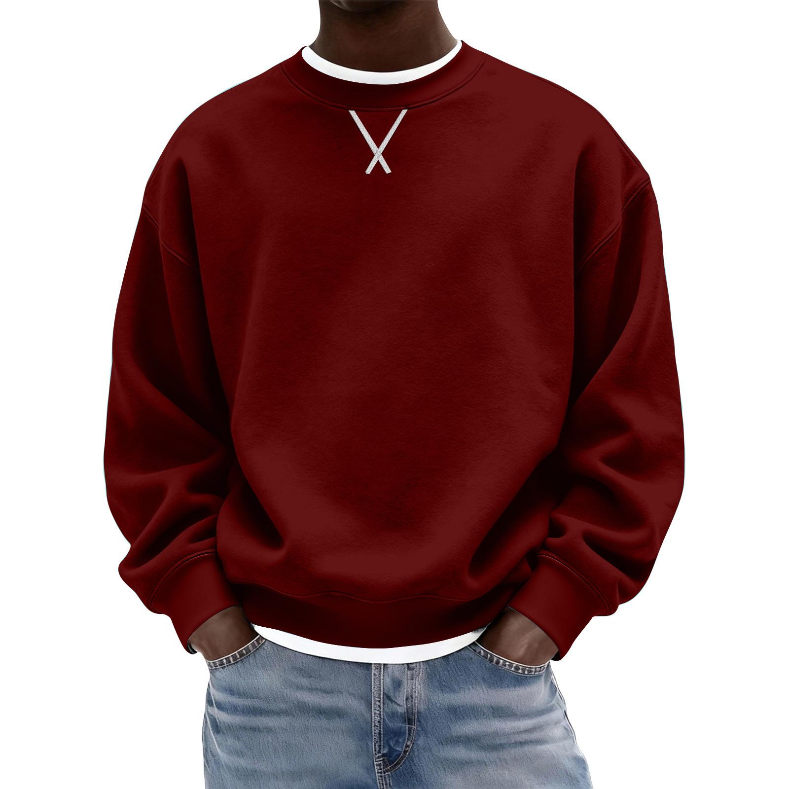 Herren Rundhals Pullover Langarm Sweatshirt Lässig Lockerer Schnitt Einfarbiges Basic Oberteil mit Gerippten Bündchen und Saum XL weinrot