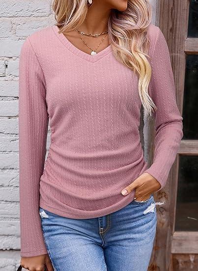 Women's V Neck Long Sleeve Knit Top Ruched Side Solid Color Textured Casual Basic T Shirt Fall Fashion Blouse