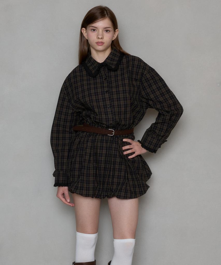 Pink Pineapple Urban Check Balloon Dress_Brown